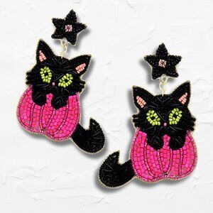 Pink Pumpkin Black Cat Seed Beaded Artisan Made Earrings
